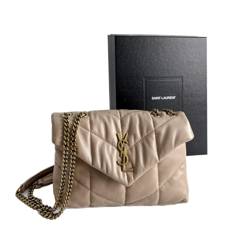 Second hand Saint Laurent Loulou Puffer Toy Chevron Quilted Leather 2 - Ways Envelope Crossbody Dark Beige - Tabita Bags