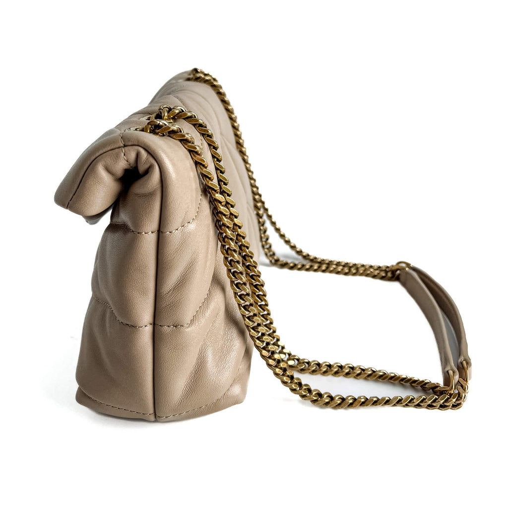 Second hand Saint Laurent Loulou Puffer Toy Chevron Quilted Leather 2 - Ways Envelope Crossbody Dark Beige - Tabita Bags