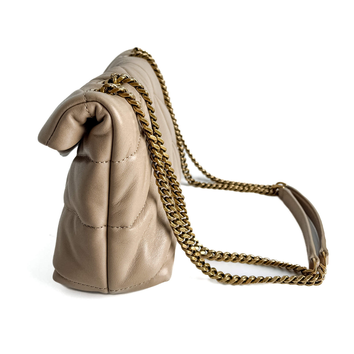 Second hand Saint Laurent Loulou Puffer Toy Chevron Quilted Leather 2 - Ways Envelope Crossbody Dark Beige - Tabita Bags