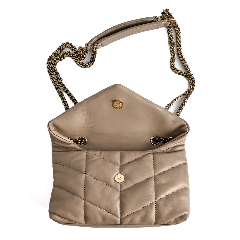 Second hand Saint Laurent Loulou Puffer Toy Chevron Quilted Leather 2 - Ways Envelope Crossbody Dark Beige - Tabita Bags
