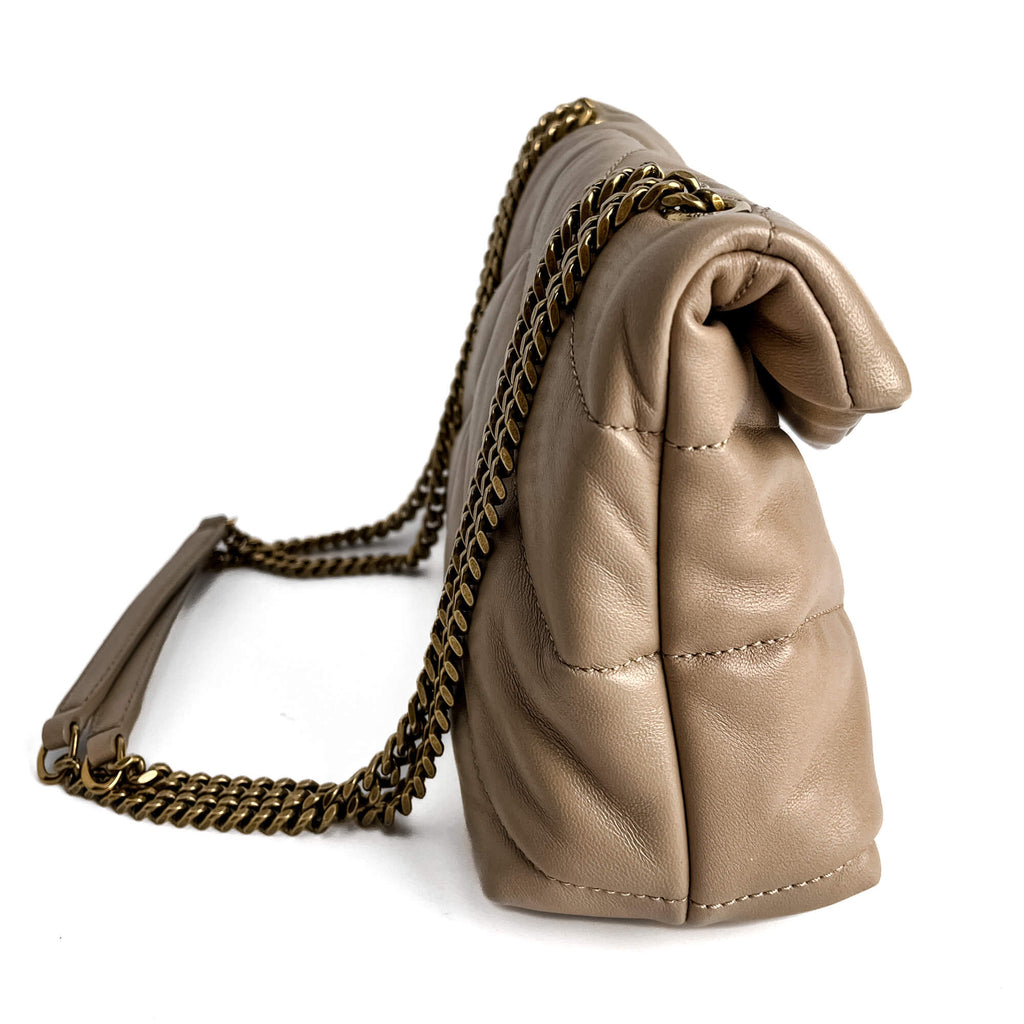 Second hand Saint Laurent Loulou Puffer Toy Chevron Quilted Leather 2 - Ways Envelope Crossbody Dark Beige - Tabita Bags
