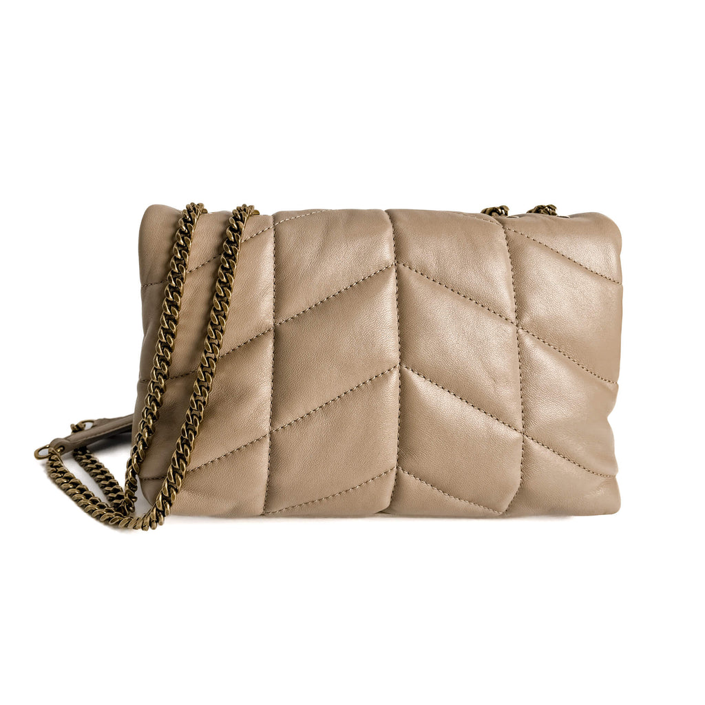 Second hand Saint Laurent Loulou Puffer Toy Chevron Quilted Leather 2 - Ways Envelope Crossbody Dark Beige - Tabita Bags