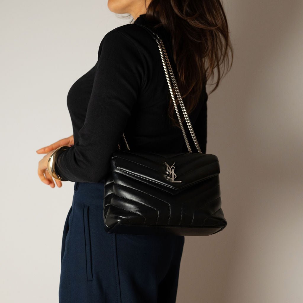 Second hand Saint Laurent Loulou Small Chevron Quited Leather 2 - Ways Envelope Bag Black - Tabita Bags