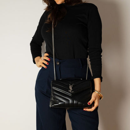 Second hand Saint Laurent Loulou Small Chevron Quited Leather 2 - Ways Envelope Bag Black - Tabita Bags