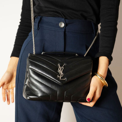 Second hand Saint Laurent Loulou Small Chevron Quited Leather 2 - Ways Envelope Bag Black - Tabita Bags