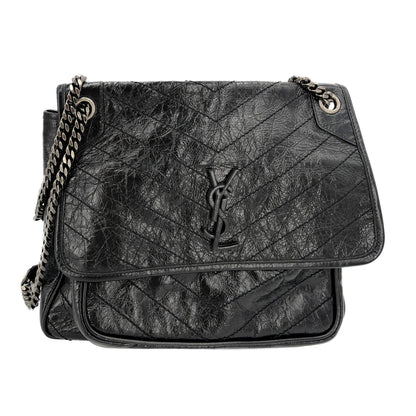 Second hand Saint Laurent Niki Large Chevron Quilted Vintage Calf Leather 2 - Ways Flap Shoulder Bag Black - Tabita Bags