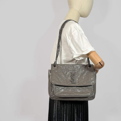 Second hand Saint Laurent Niki Medium Chevron Quilted Vintage calf Leather 2 - Ways Flap Bag Grey - Tabita Bags