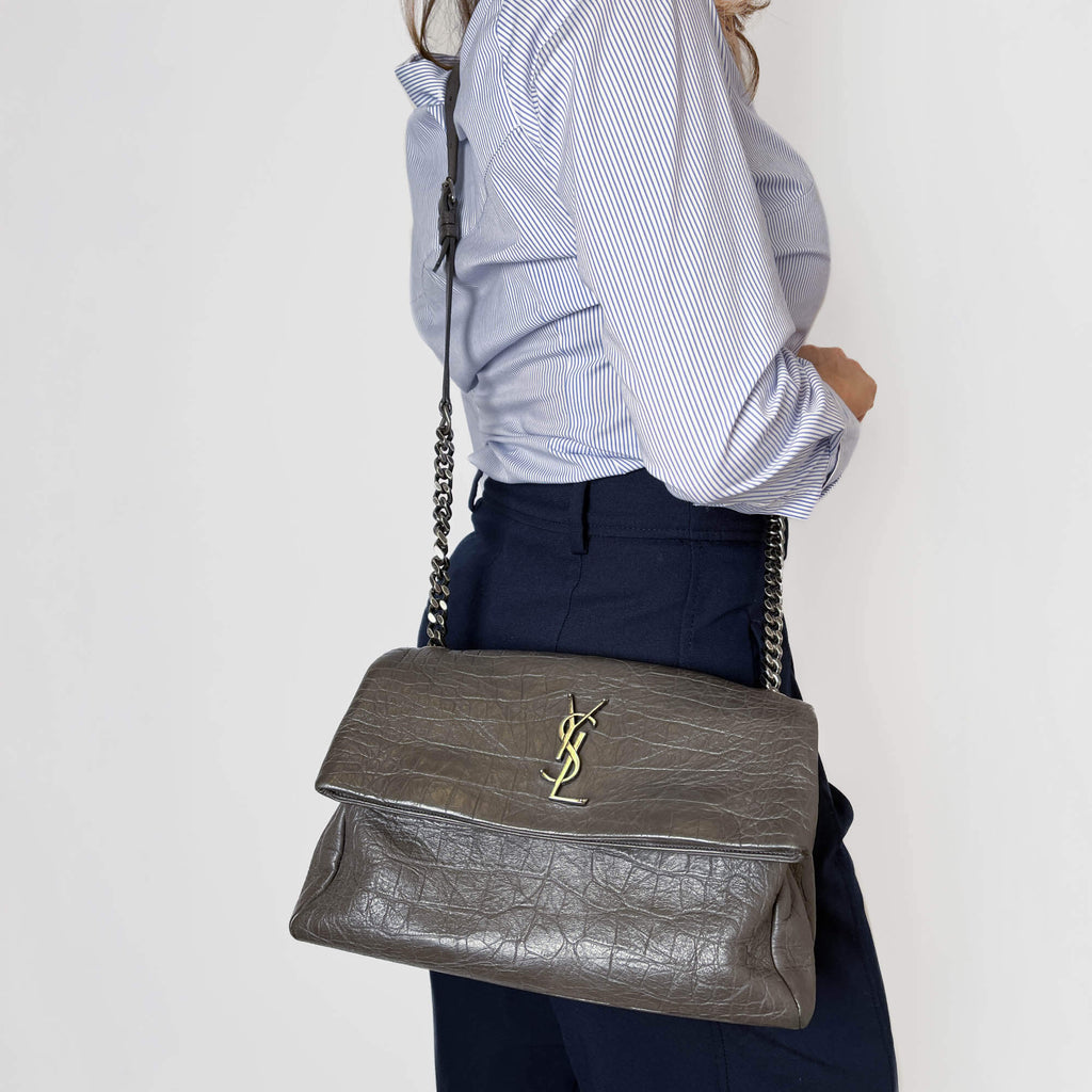Second hand Saint Laurent Niki Medium Moc Croc Grained Calfskin Leather 2 - Ways Flap Shoulder Bag Grey - Tabita Bags