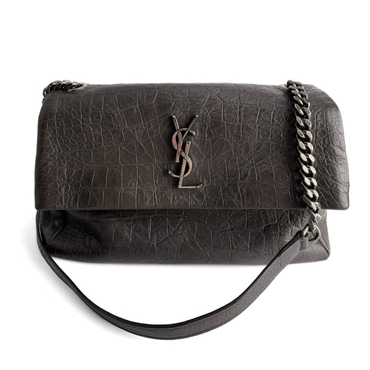 Second hand Saint Laurent Niki Medium Moc Croc Grained Calfskin Leather 2 - Ways Flap Shoulder Bag Grey - Tabita Bags