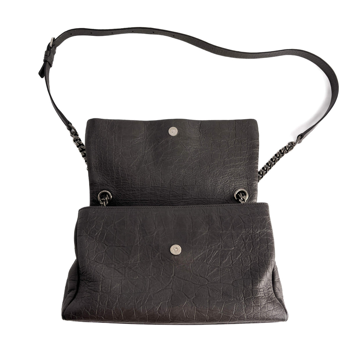 Second hand Saint Laurent Niki Medium Moc Croc Grained Calfskin Leather 2 - Ways Flap Shoulder Bag Grey - Tabita Bags