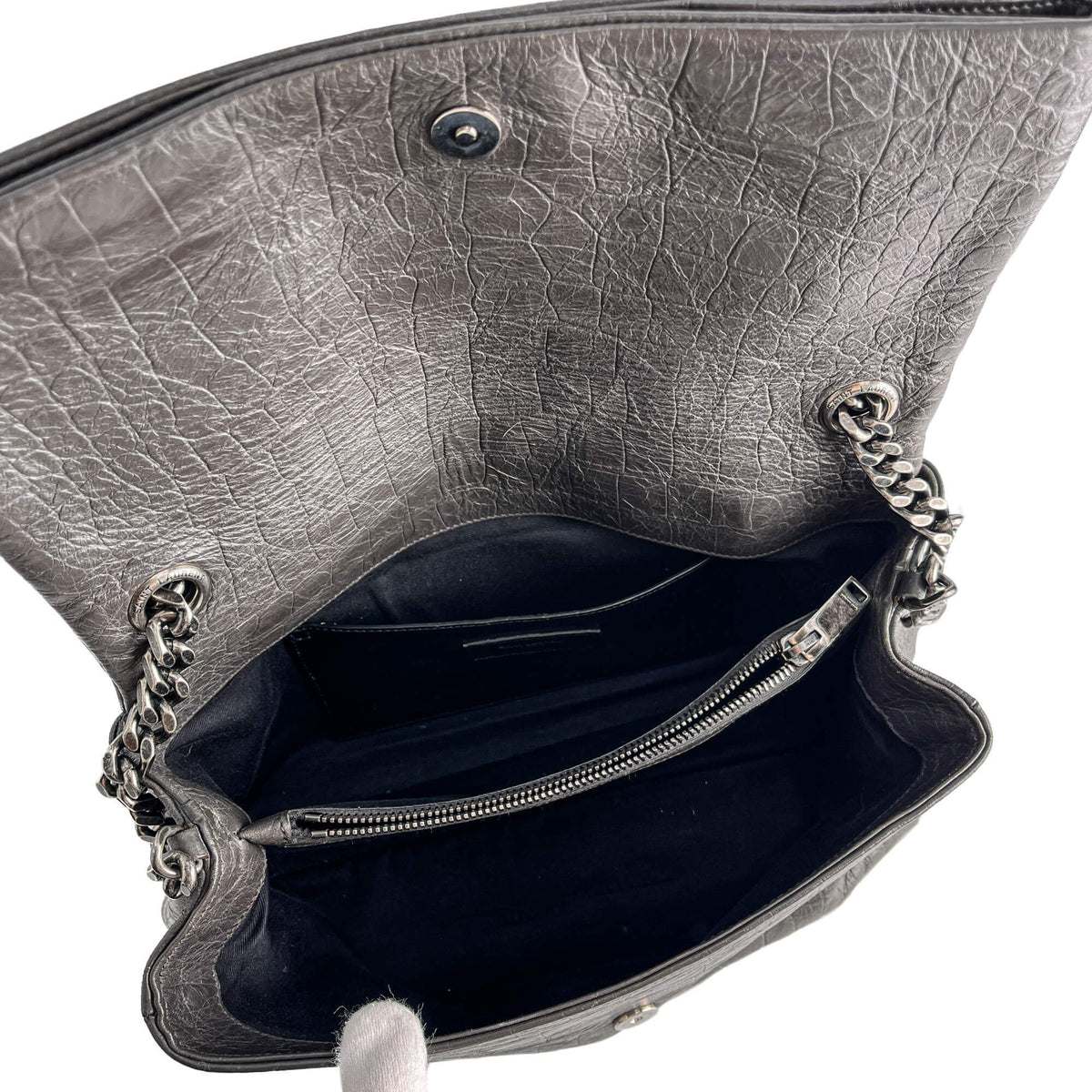 Second hand Saint Laurent Niki Medium Moc Croc Grained Calfskin Leather 2 - Ways Flap Shoulder Bag Grey - Tabita Bags