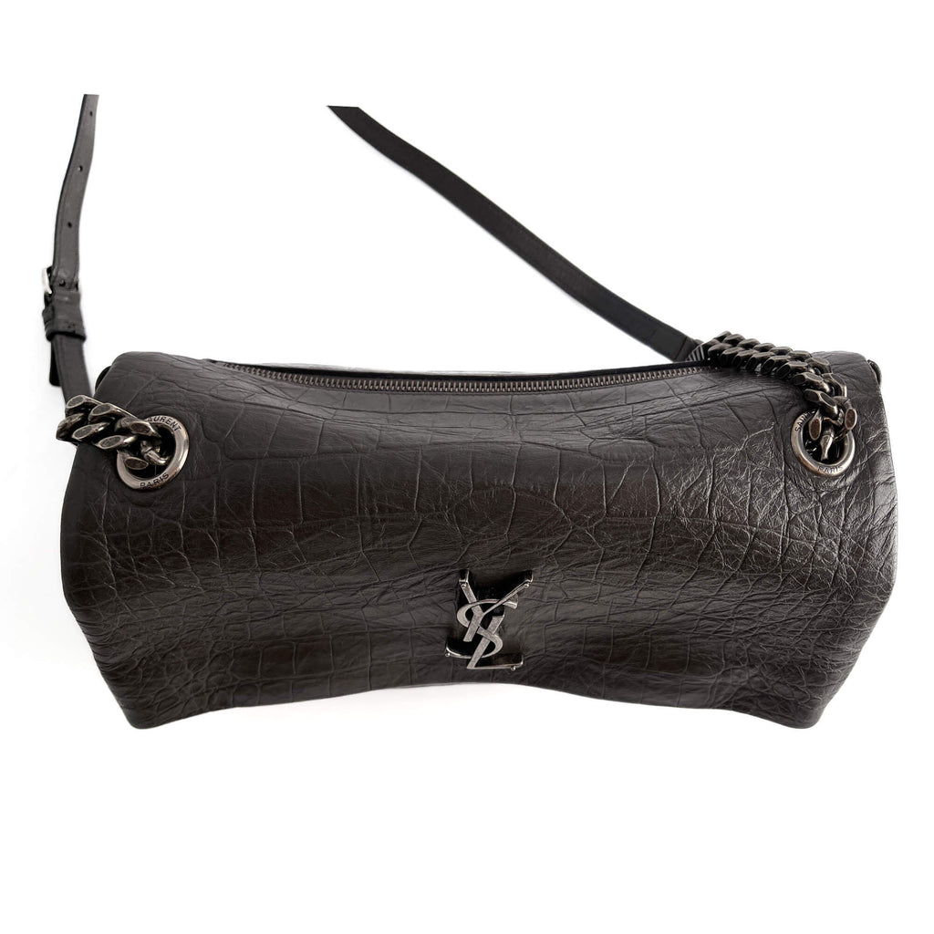 Second hand Saint Laurent Niki Medium Moc Croc Grained Calfskin Leather 2 - Ways Flap Shoulder Bag Grey - Tabita Bags