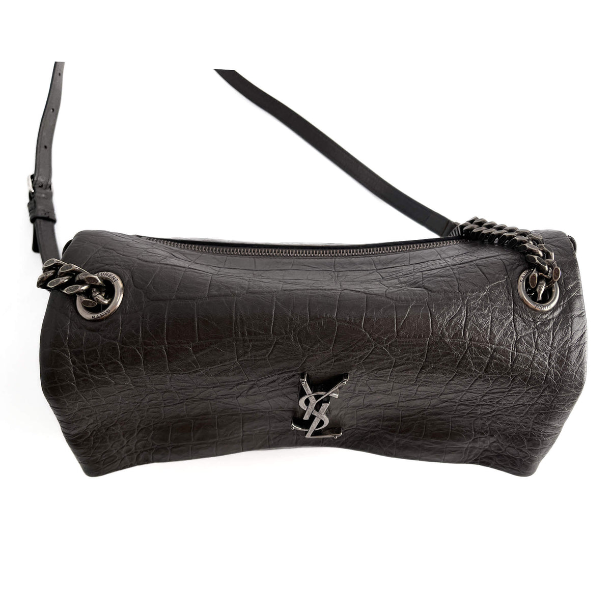 Second hand Saint Laurent Niki Medium Moc Croc Grained Calfskin Leather 2 - Ways Flap Shoulder Bag Grey - Tabita Bags