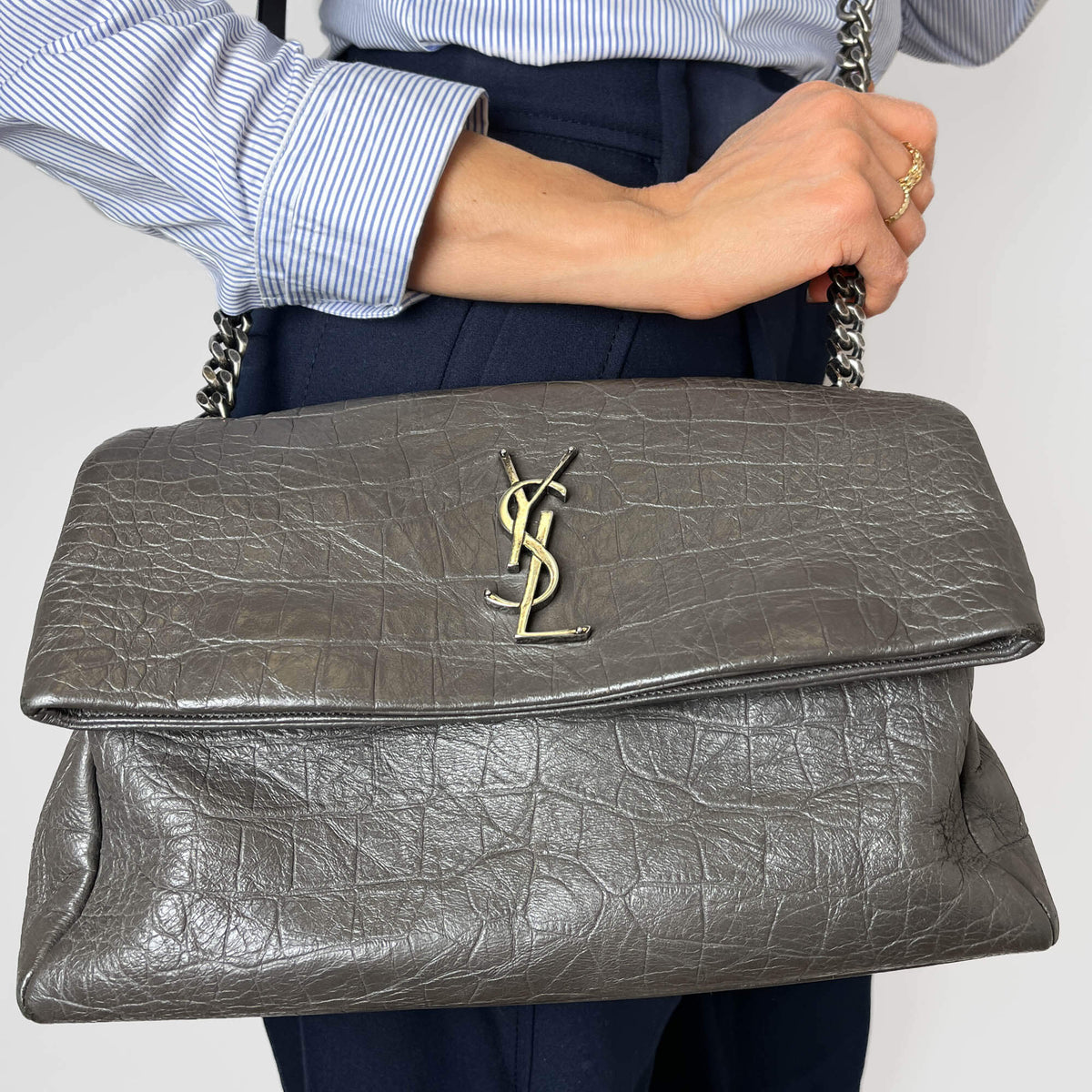 Second hand Saint Laurent Niki Medium Moc Croc Grained Calfskin Leather 2 - Ways Flap Shoulder Bag Grey - Tabita Bags