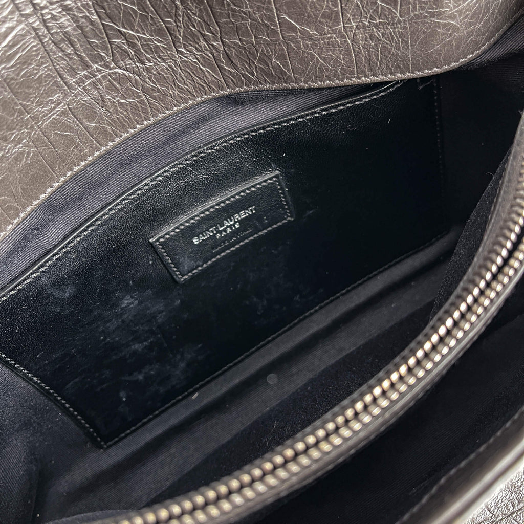 Second hand Saint Laurent Niki Medium Moc Croc Grained Calfskin Leather 2 - Ways Flap Shoulder Bag Grey - Tabita Bags