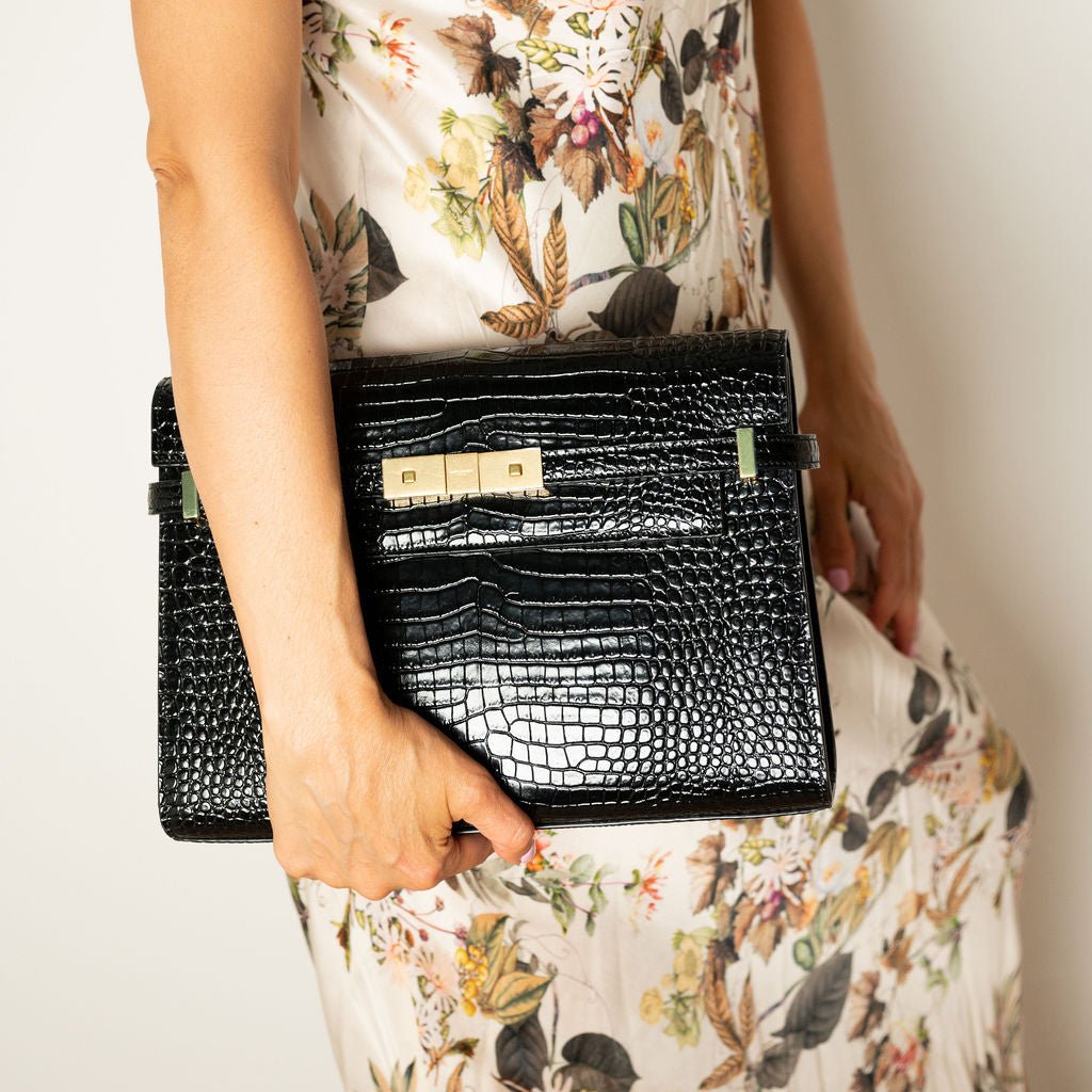 Second hand Saint Laurent Paris Manhattan Leather Crocodile - Embossed Flap Clutch Black - Tabita Bags