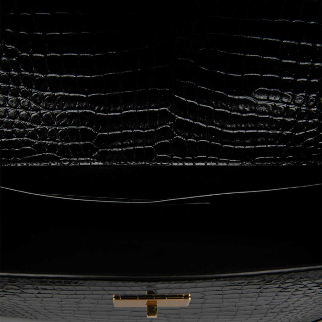 Second hand Saint Laurent Paris Manhattan Leather Crocodile-Embossed Flap Clutch Black - Tabita Bags