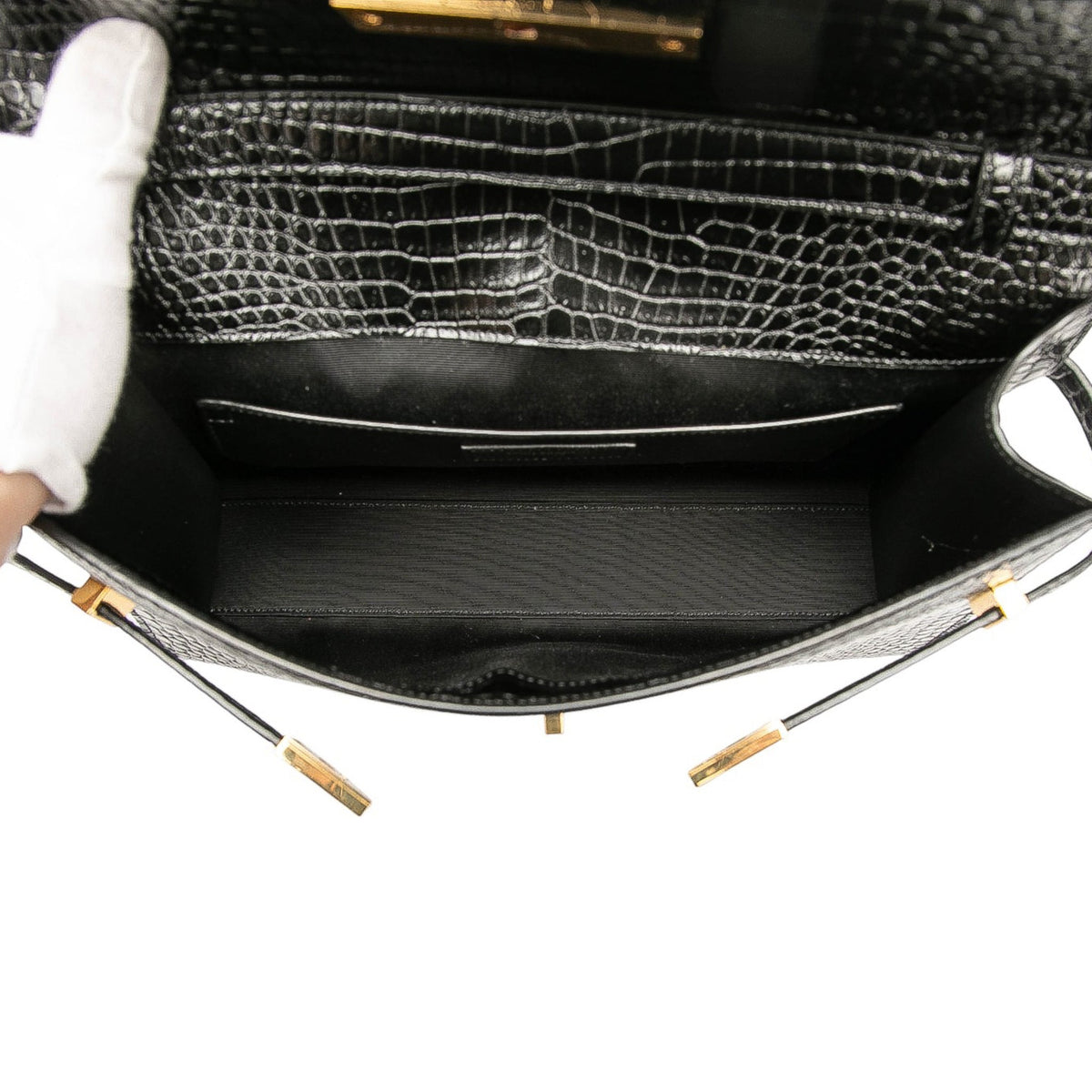 Second hand Saint Laurent Paris Manhattan Leather Crocodile - Embossed Flap Clutch Black - Tabita Bags