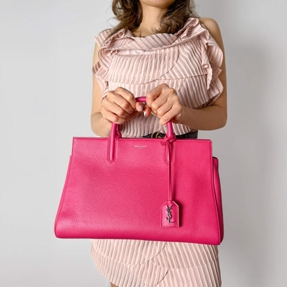 Second hand Saint Laurent Rive Gauche Small Grained Calfskin Leather 2 - Ways Tote Crossbody Bubblegum - Tabita Bags