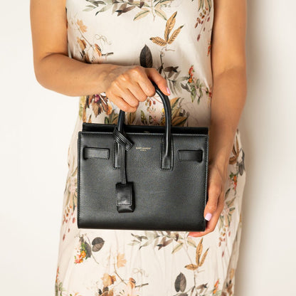 Second hand Saint Laurent Sac De Jour Baby Calfksin Leather Tote Handbag Black - Tabita Bags