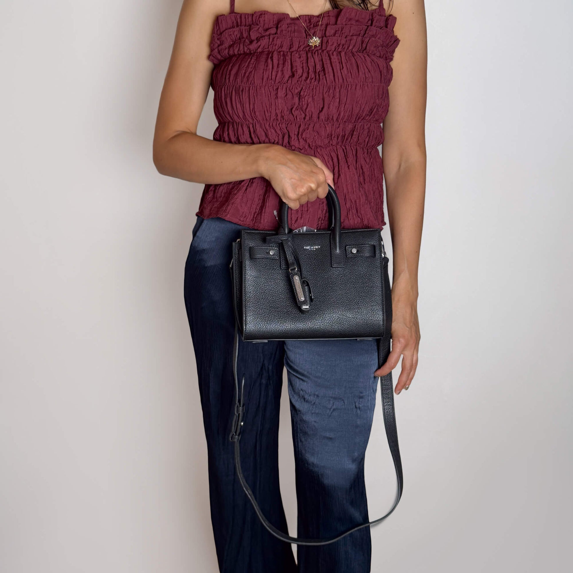 Second hand Saint Laurent Sac De Jour Nano Grained Leather 2-Ways Tote Bag Black - Tabita Bags