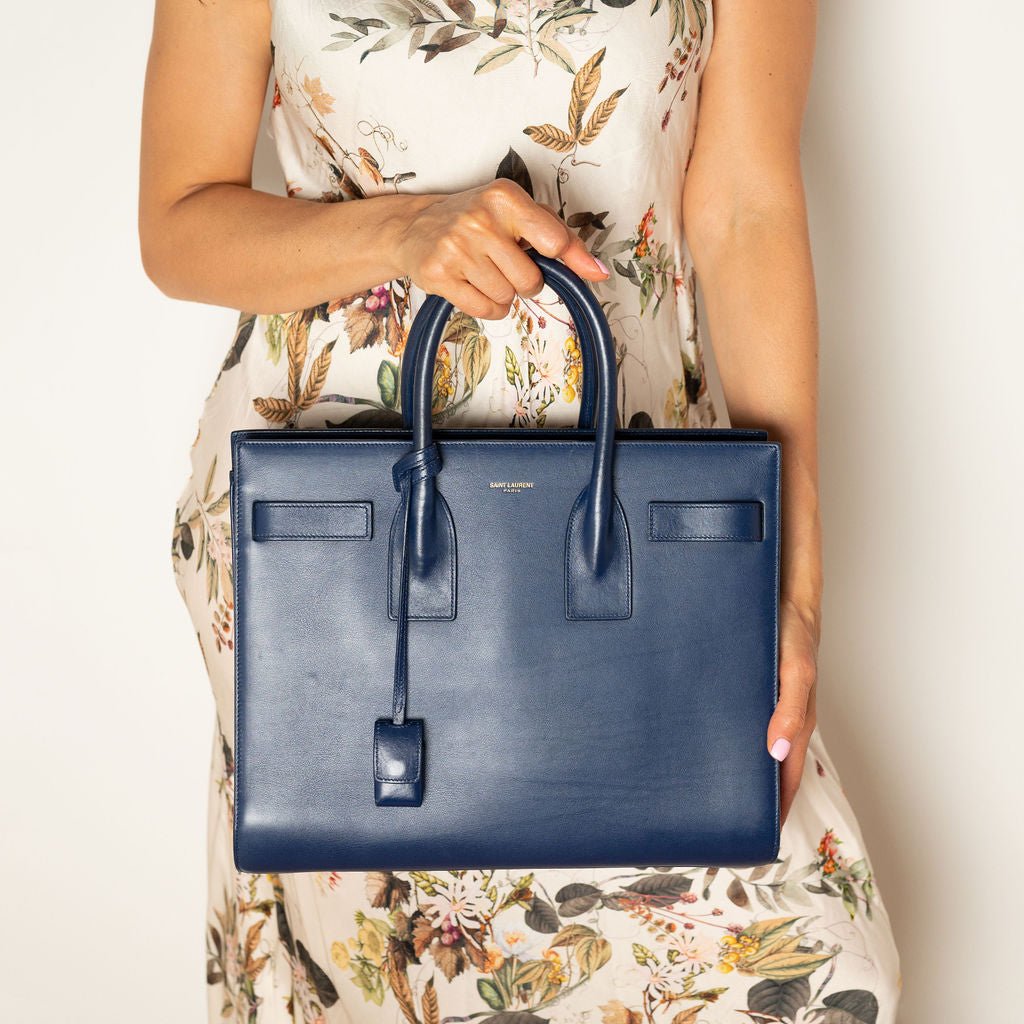 Second hand Saint Laurent Sac De Jour Small Leather Tote Handbag Blue - Tabita Bags