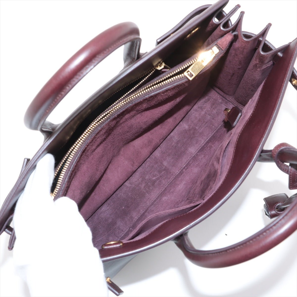 Second hand Saint Laurent Sac De Jour Small Leather Tote Handbag Burgundy - Tabita Bags