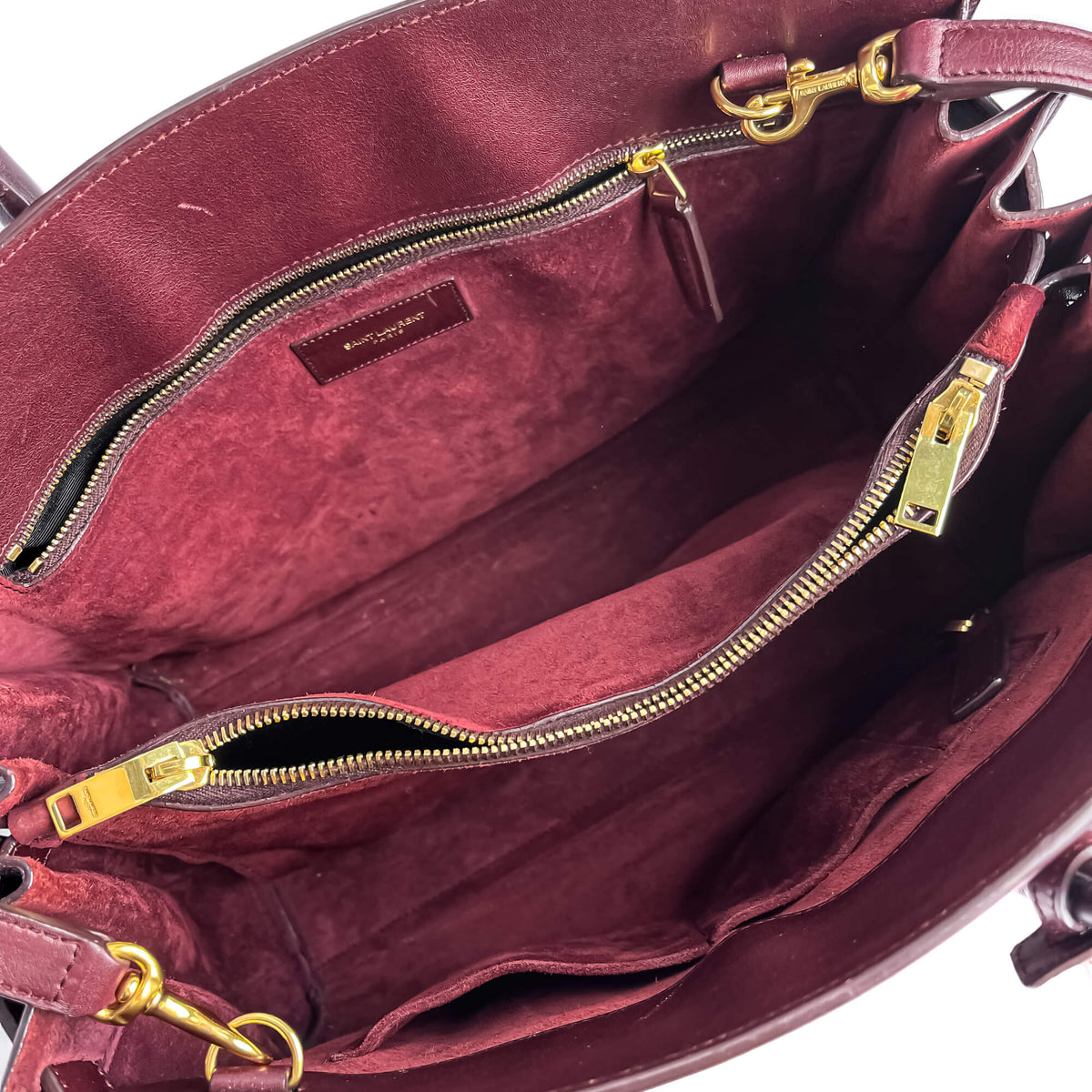 Second hand Saint Laurent Sac De Jour Small Leather Tote Handbag Burgundy - Tabita Bags