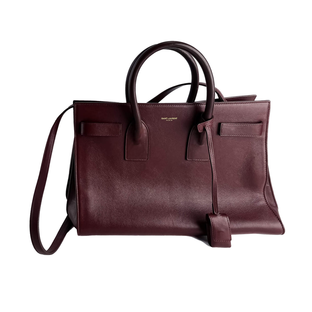 Second hand Saint Laurent Sac De Jour Small Leather Tote Handbag Burgundy - Tabita Bags