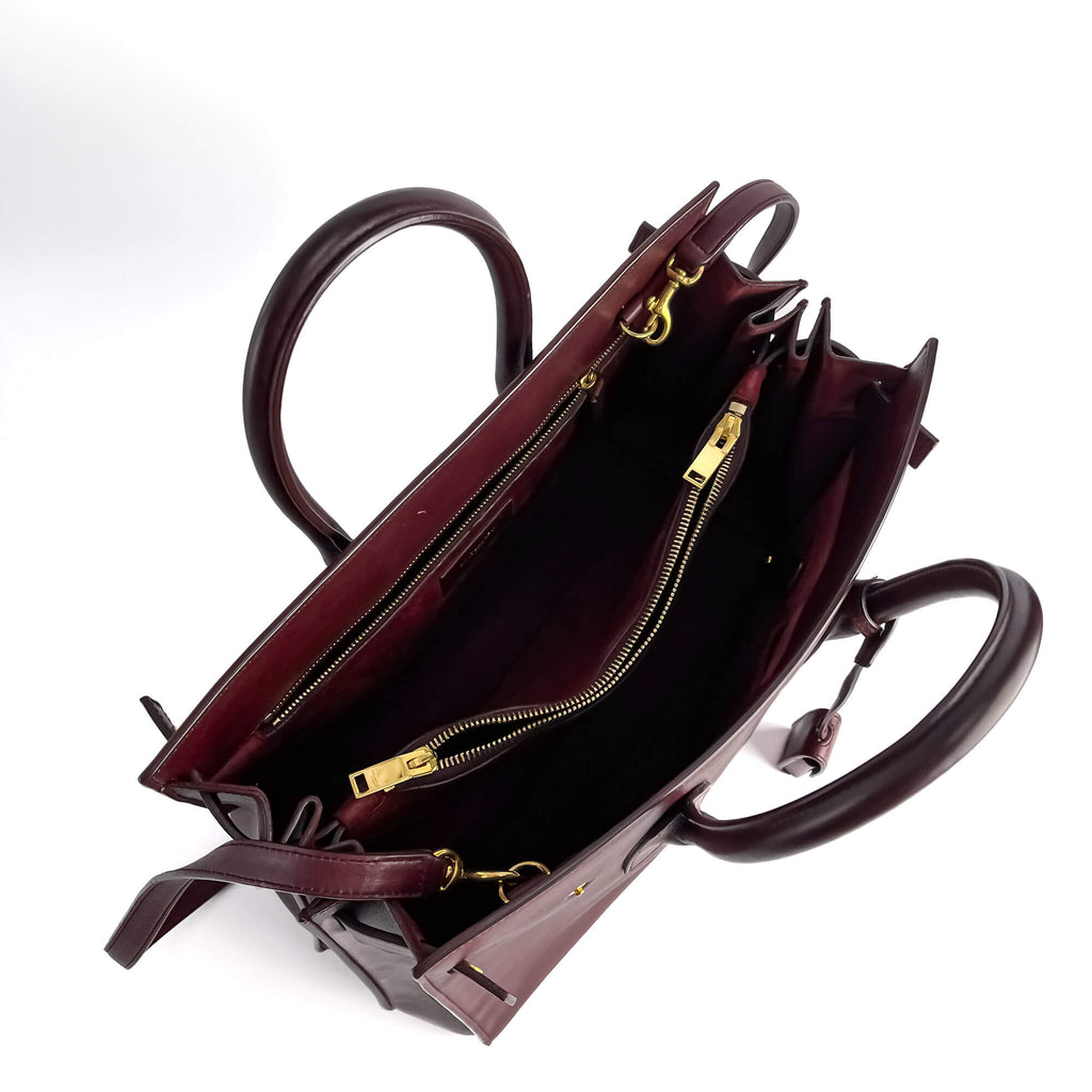 Second hand Saint Laurent Sac De Jour Small Leather Tote Handbag Burgundy - Tabita Bags