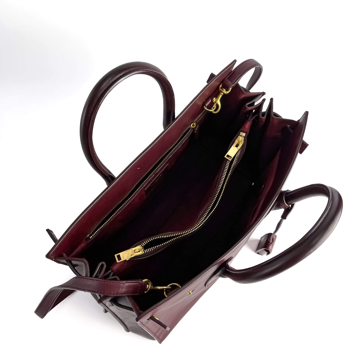 Second hand Saint Laurent Sac De Jour Small Leather Tote Handbag Burgundy - Tabita Bags