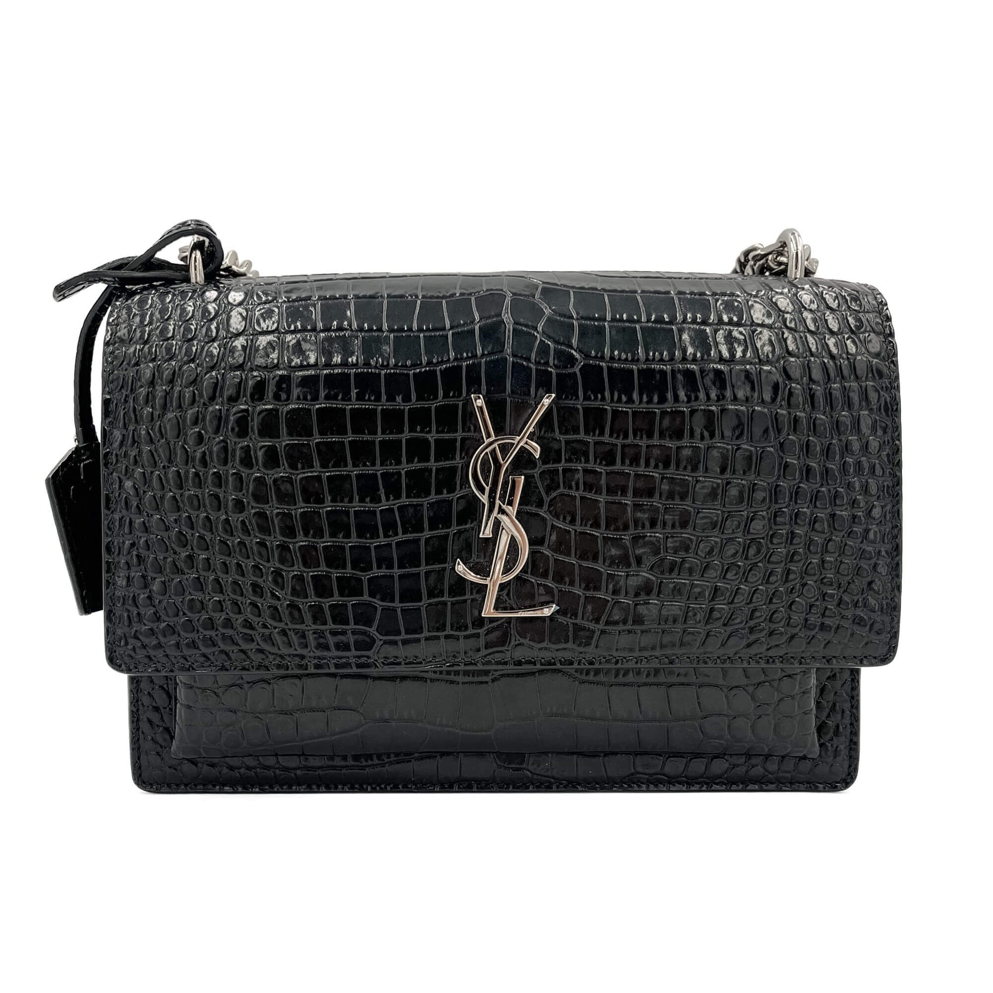 Saint Laurent Sunset Crocodile-Embossed Leather Flap Bag Black