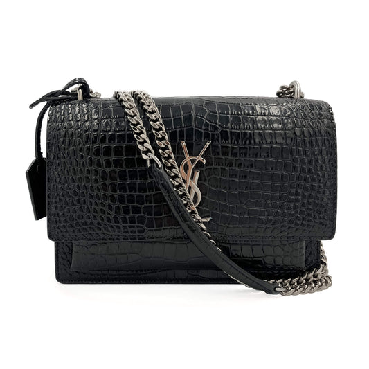 Second hand Saint Laurent Sunset Crocodile-Embossed Leather Flap Bag Black - Tabita Bags