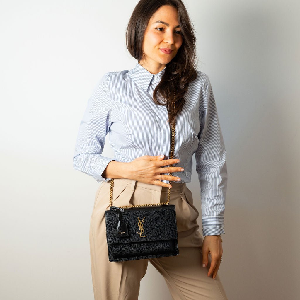 Second hand Saint Laurent Sunset Grained Calfskin Leather Flap Crossbody Black - Tabita Bags