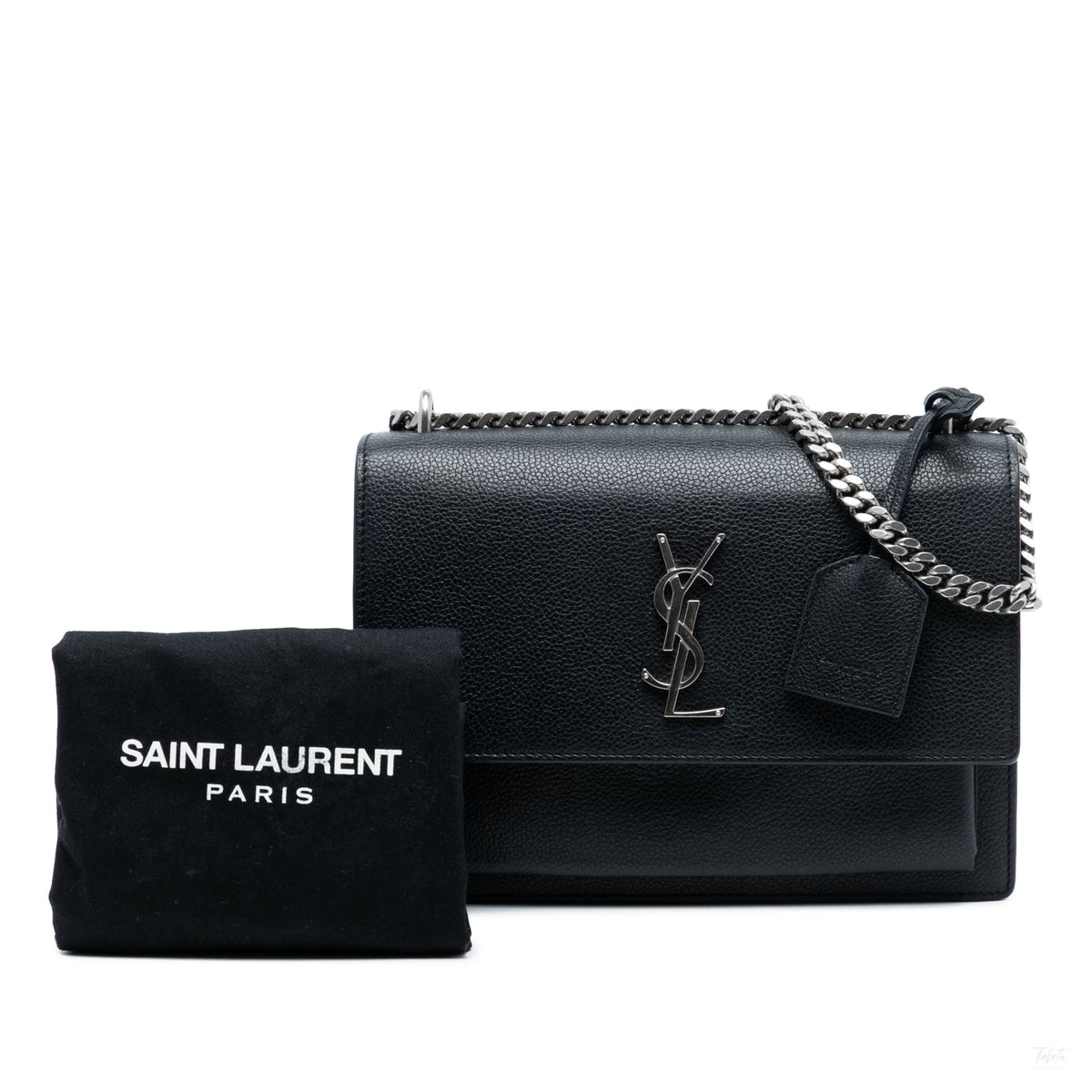 Second hand Saint Laurent Sunset Grained Calfskin Leather Flap Crossbody Black - Tabita Bags