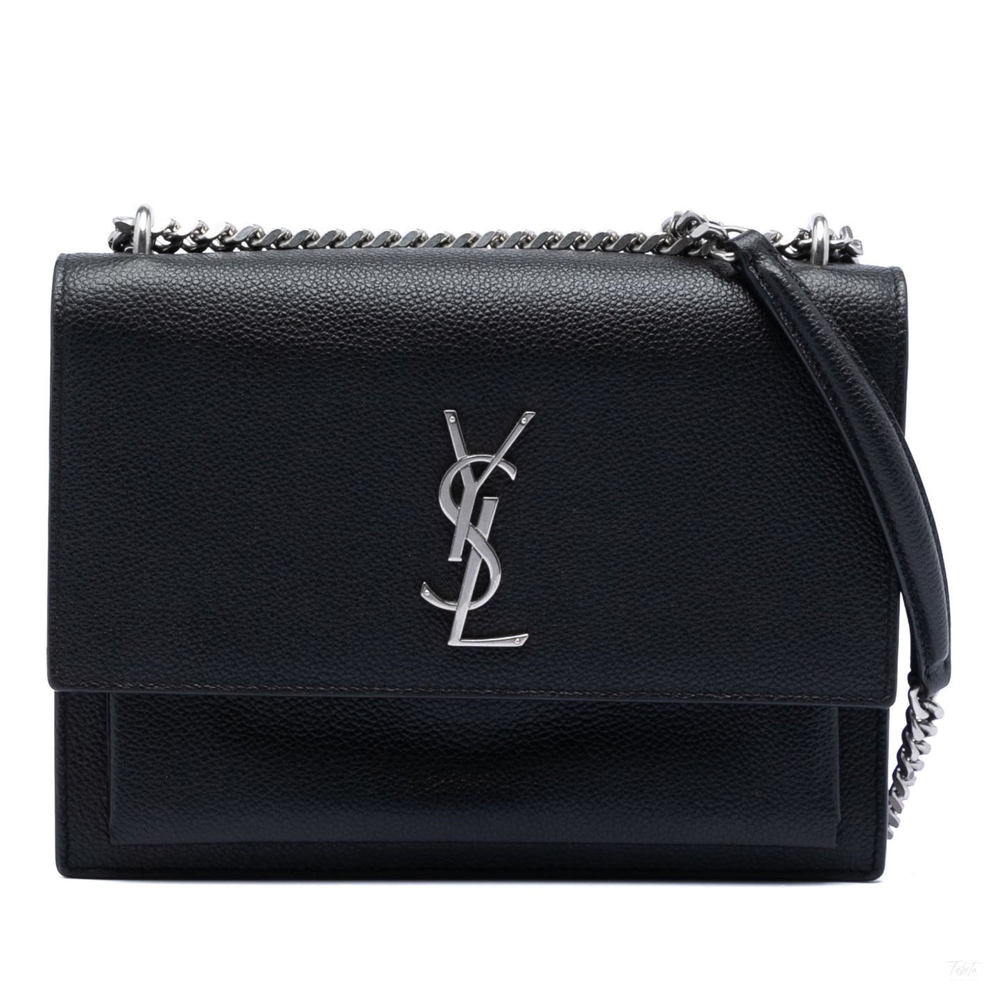 Second hand Saint Laurent Sunset Grained Calfskin Leather Flap Crossbody Black - Tabita Bags