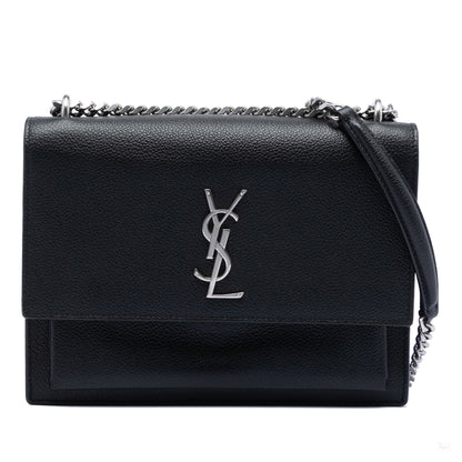 Second hand Saint Laurent Sunset Grained Calfskin Leather Flap Crossbody Black - Tabita Bags