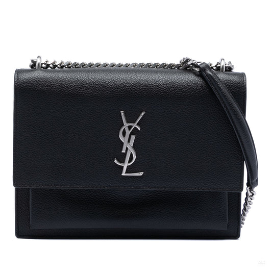 Second hand Saint Laurent Sunset Grained Calfskin Leather Flap Crossbody Black - Tabita Bags