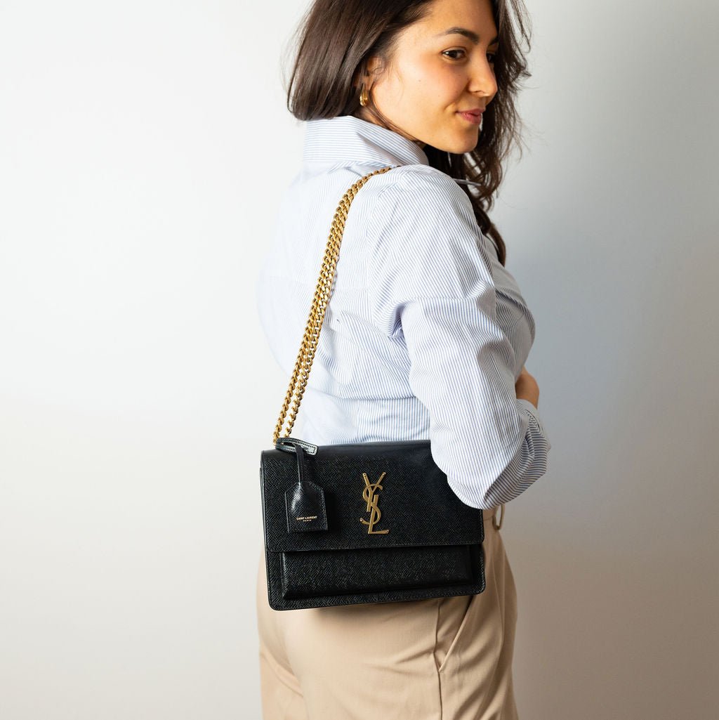 Second hand Saint Laurent Sunset Grained Calfskin Leather Flap Crossbody Black - Tabita Bags