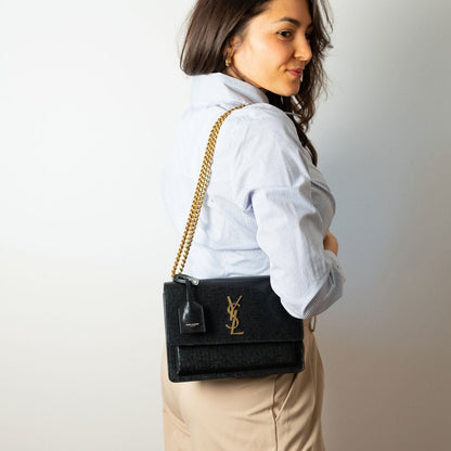 Second hand Saint Laurent Sunset Grained Calfskin Leather Flap Crossbody Black - Tabita Bags