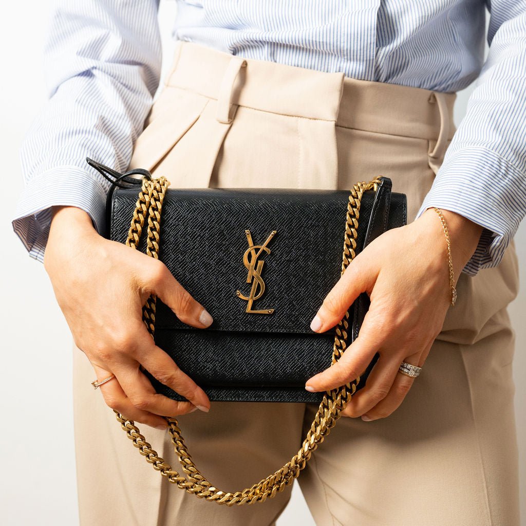 Second hand Saint Laurent Sunset Grained Calfskin Leather Flap Crossbody Black - Tabita Bags