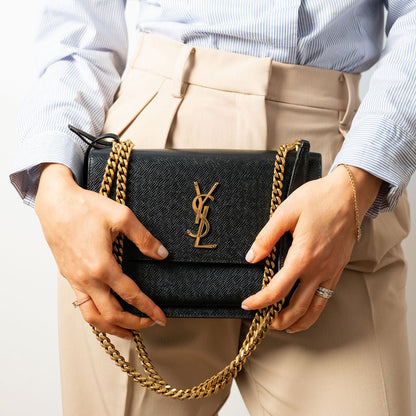 Second hand Saint Laurent Sunset Grained Calfskin Leather Flap Crossbody Black - Tabita Bags