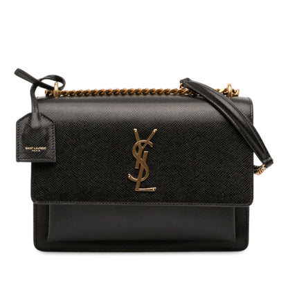 Second hand Saint Laurent Sunset Grained Calfskin Leather Flap Crossbody Black - Tabita Bags