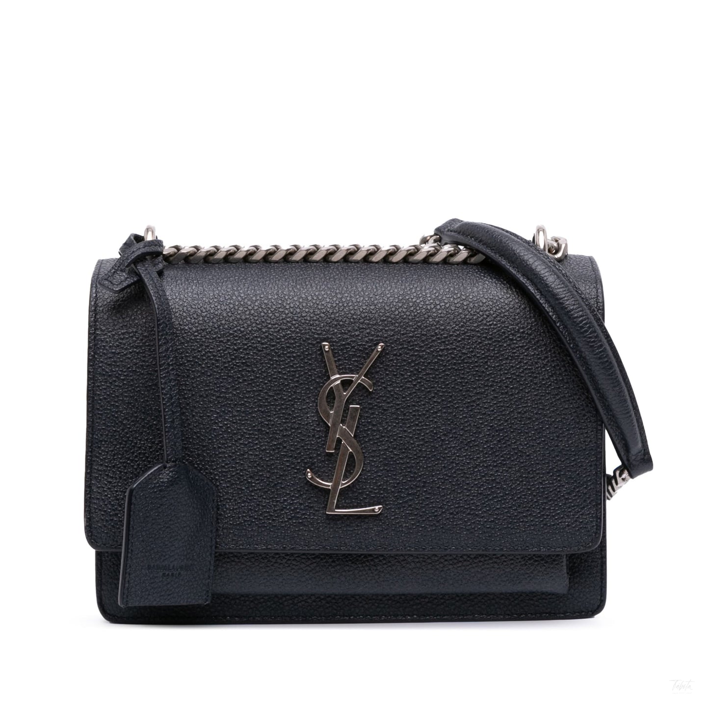 Second hand Saint Laurent Sunset Grained Calfskin Leather Flap Crossbody Blue - Tabita Bags