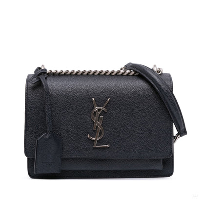 Second hand Saint Laurent Sunset Grained Calfskin Leather Flap Crossbody Blue - Tabita Bags