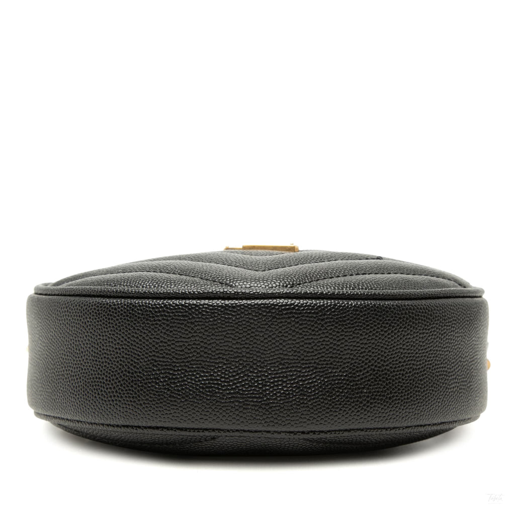 Second hand Saint Laurent Vinyle Grained Calfskin Leather Round Chevron Quilted Camera Crossbody Black - Tabita Bags