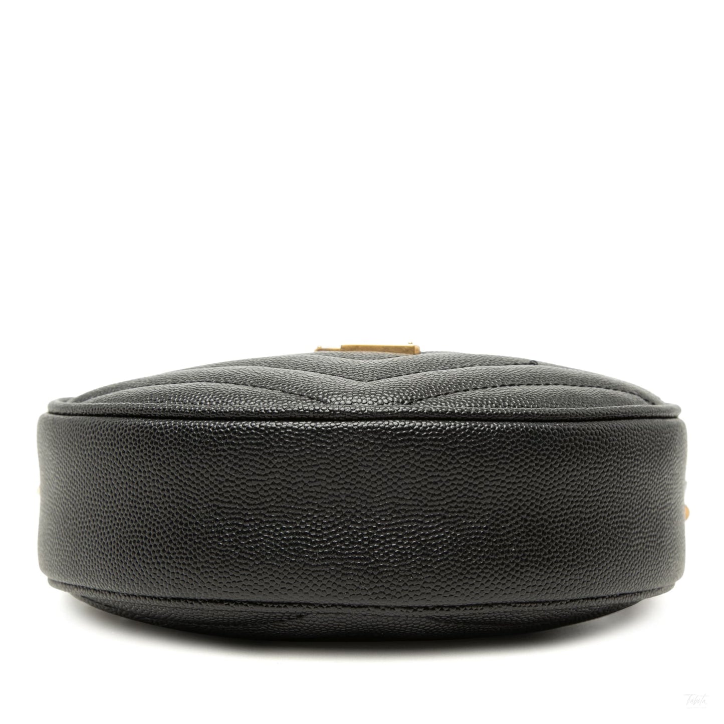 Second hand Saint Laurent Vinyle Grained Calfskin Leather Round Chevron Quilted Camera Crossbody Black - Tabita Bags
