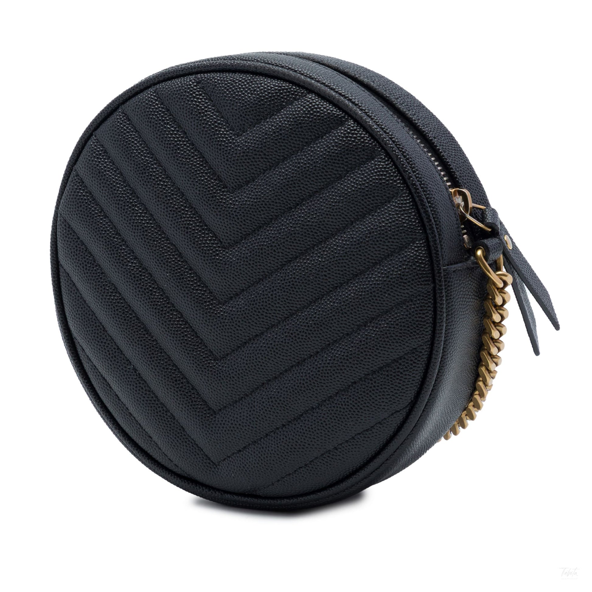 Second hand Saint Laurent Vinyle Grained Calfskin Leather Round Chevron Quilted Camera Crossbody Black - Tabita Bags