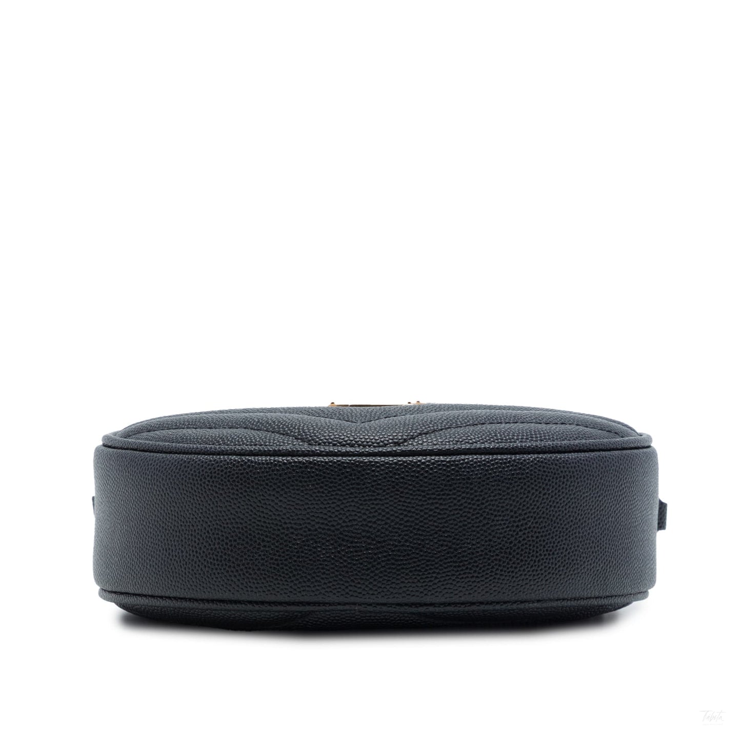 Second hand Saint Laurent Vinyle Grained Calfskin Leather Round Chevron Quilted Camera Crossbody Black - Tabita Bags