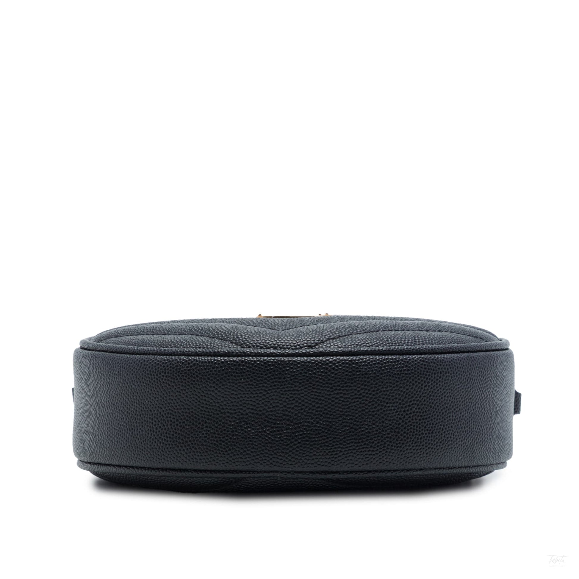 Second hand Saint Laurent Vinyle Grained Calfskin Leather Round Chevron Quilted Camera Crossbody Black - Tabita Bags